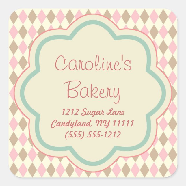 Pegatina Cuadrada Boutique Baking Bakery, Geométrica Marrón Rosa (Anverso)