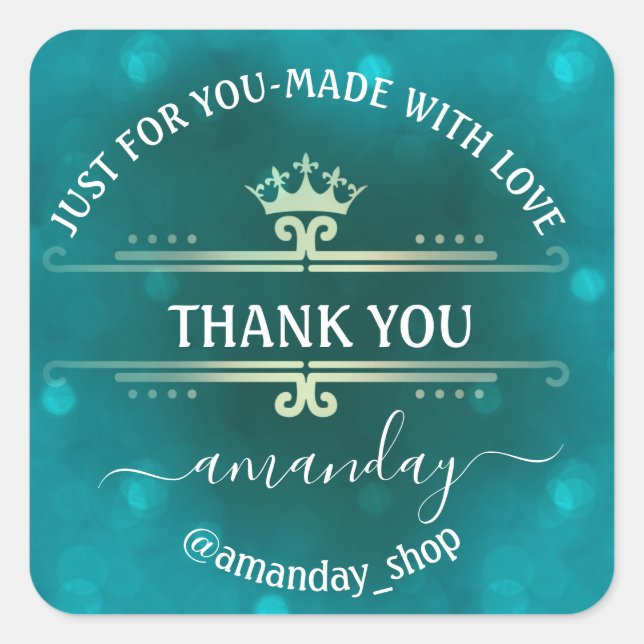 Pegatina Cuadrada Boutique Name Shop Royal Crown Gold Verde azulado (Anverso)