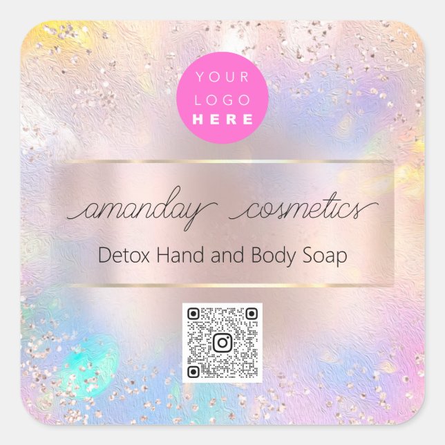 Pegatina Cuadrada Boutique Online Shop Rosa Holograph QR Code Logo (Anverso)