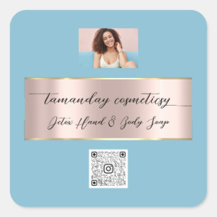 Pegatina Cuadrada Boutique Online Shop Rosa QR Code Logo Foto Azul