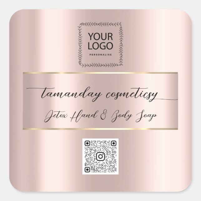 Pegatina Cuadrada Boutique Online Shop Rosa QR Code Logo Gold (Anverso)