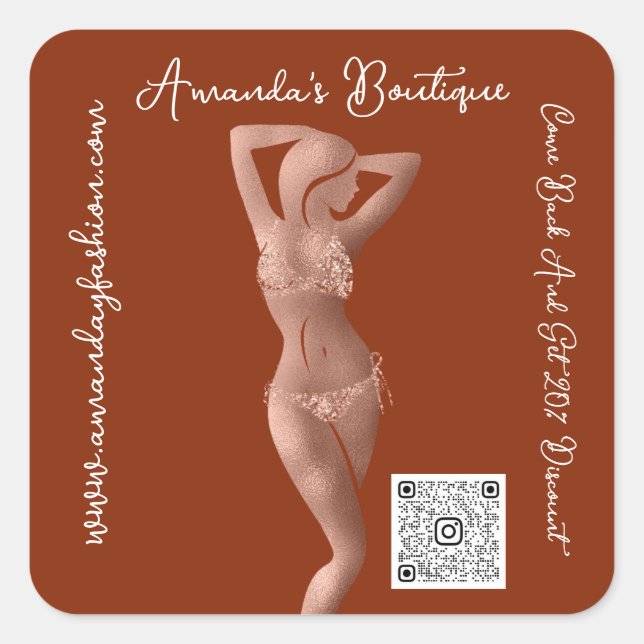 Pegatina Cuadrada Boutique Shop Lingeire QrCode Logo Body Brown Rosa (Anverso)