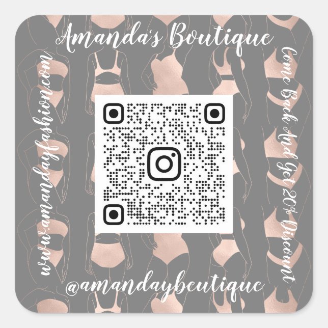 Pegatina Cuadrada Boutique Shop Lingerie QrCode Logo Body Gray Rosa (Anverso)