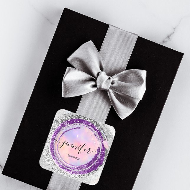 Pegatina Cuadrada Boutique Shop Purpurina Púrpura Plata Rosa (Boutique Shop Glitter Purple Silver Pink Square Sticker)