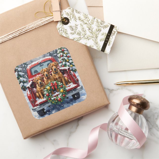 Pegatina Cuadrada Bouvier des Flandres Christmas Red Truck Holiday (Regalar)
