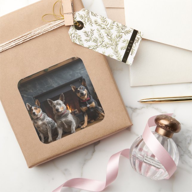 Pegatina Cuadrada Bovino australiano junto a los Navidades de la chi (Regalar)