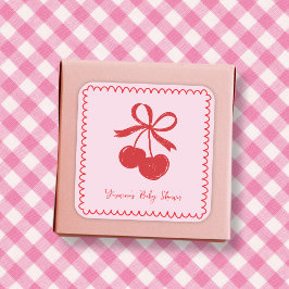 Pegatina Cuadrada Bow Cherry Rosa & Red Hand Drake Baby Girl Shower