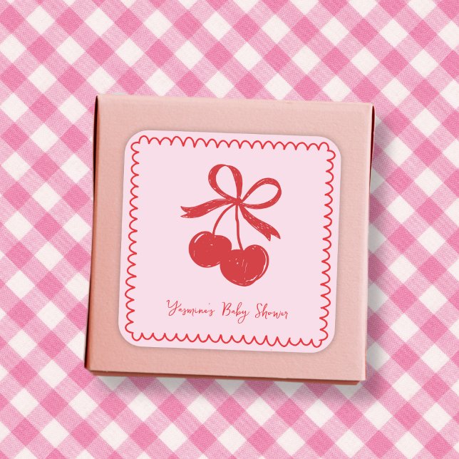 Pegatina Cuadrada Bow Cherry Rosa & Red Hand Drake Baby Girl Shower (Bow Cherry Pink & Red Hand Drawn Baby Girl Shower Square Sticker)