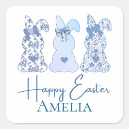 Pegatina Cuadrada Bow floral azul azul conejito de Pascua Personaliz