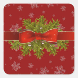 Pegatina Cuadrada Bow, Greenery on Red Snowflake Cover Background