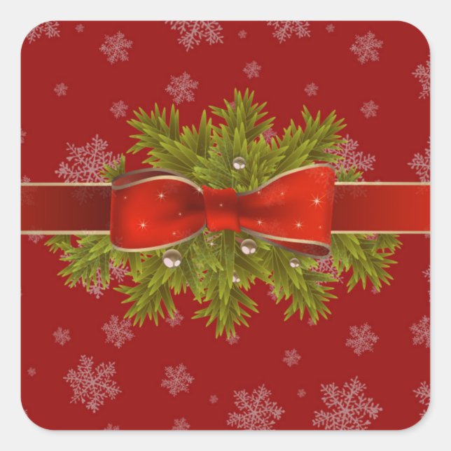 Pegatina Cuadrada Bow, Greenery on Red Snowflake Cover Background (Anverso)