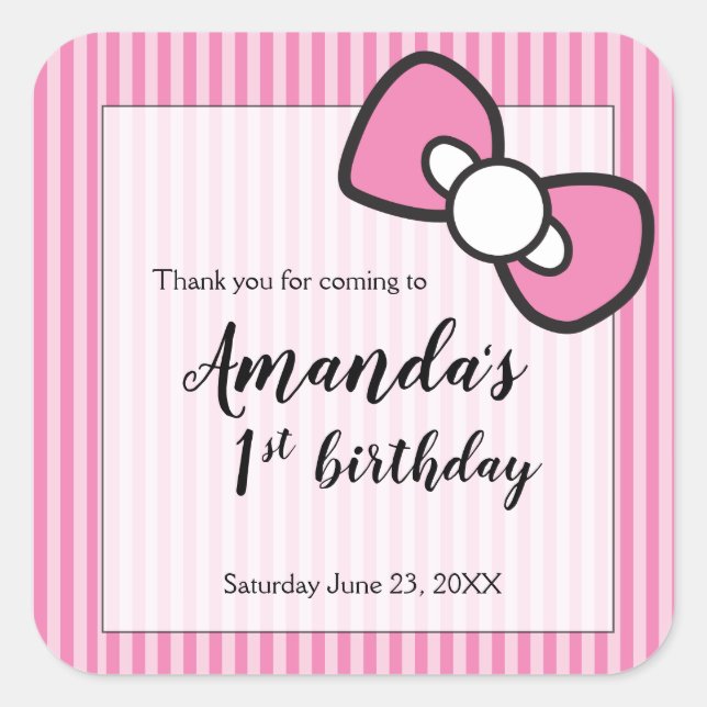 Pegatina Cuadrada Bow rosa, franjas, gracias, primer cumpleaños (Anverso)