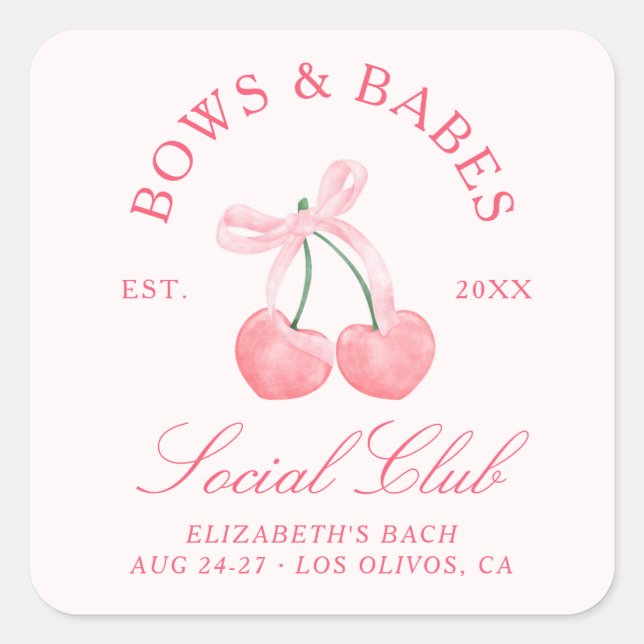 Pegatina Cuadrada Bows & Babes Coquette Cherries Bachelorette (Anverso)