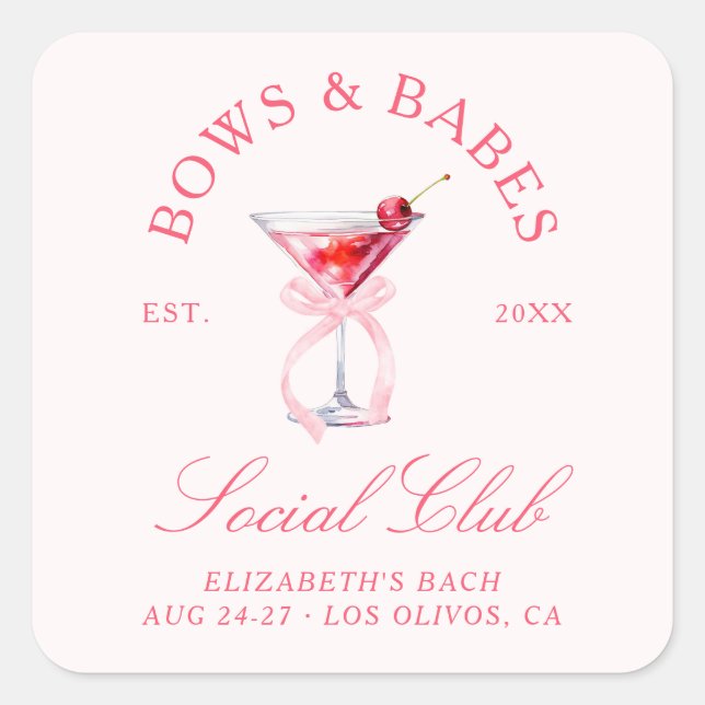 Pegatina Cuadrada Bows & Babes Coquette Cherries Despedida de Solter (Anverso)