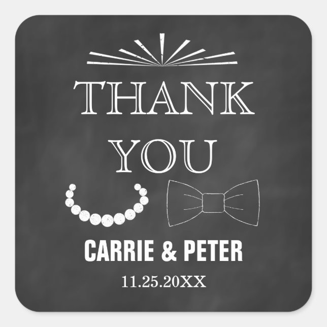 Pegatina Cuadrada Bowties and Pearls Boda (Anverso)