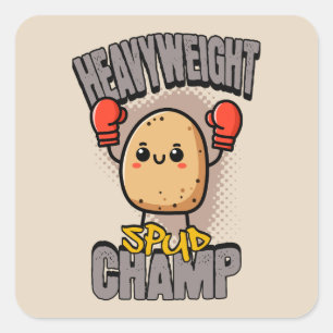 Pegatina Cuadrada Boxeo de Patata Campeona de Peso Pesado Spud