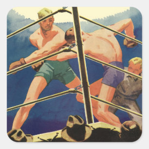 Pegatina Cuadrada Boxeo deportivo vintage, boxeadores durante un par