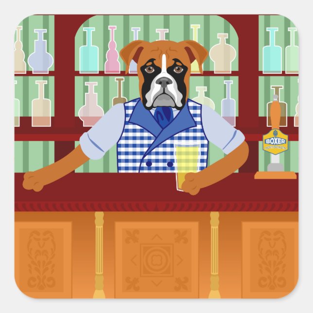 Pegatina Cuadrada Boxer Dog Beer Pub (Anverso)