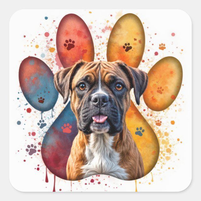 Pegatina Cuadrada Boxer Dog In Watercolor Pawprint (Anverso)
