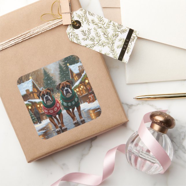 Pegatina Cuadrada Boxer Dogs Christmas Snow Holiday  (Regalar)