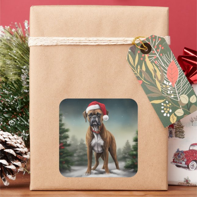 Pegatina Cuadrada Boxer en la Navidad con nieve  (Vacaciones)