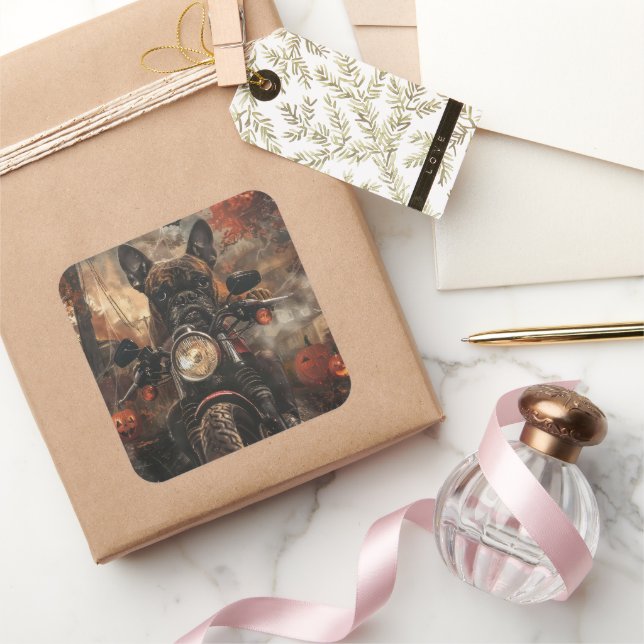 Pegatina Cuadrada Boxer montando motocicleta Halloween Da miedo (Regalar)