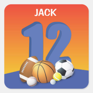 Pegatina Cuadrada Boy 12th Birthday Sports Balls