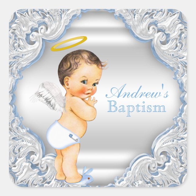 Pegatina Cuadrada Boy Angel Baptism Christening (Anverso)