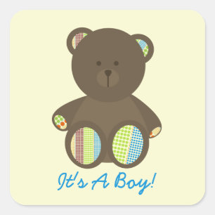 Pegatina Cuadrada Boy Baby Shower Brown Stuffed Bear Boho Dots