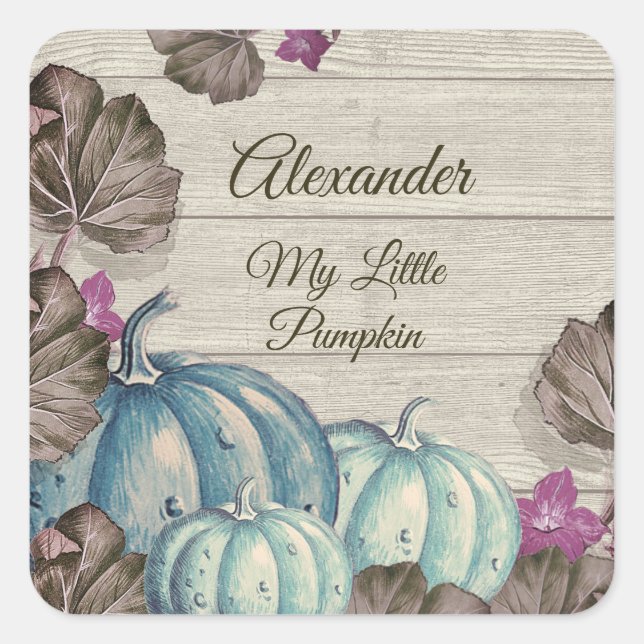Pegatina Cuadrada Boy Baby Shower Gris Wood Calabaza Azul Otoño (Anverso)