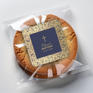 Pegatina Cuadrada Boy Baptism Vintage Rosas de oro Navy Blue Elegant
