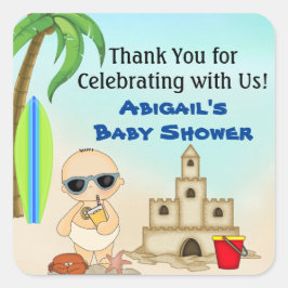 Pegatina Cuadrada Boy Beach Baby Sandcastle Baby Shower Gracias