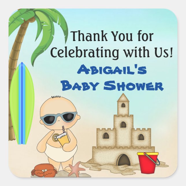 Pegatina Cuadrada Boy Beach Baby Sandcastle Baby Shower Gracias (Anverso)