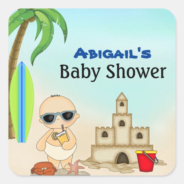 Pegatina Cuadrada Boy Beach Baby Sandcastle en Surfboard Baby Shower (Anverso)