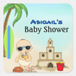 Pegatina Cuadrada Boy Beach Baby Sandcastle en Surfboard Baby Shower