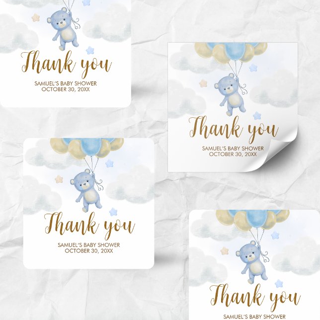 Pegatina Cuadrada Boy Bear Bearly Wait Baby Shower (Blue We Can Bearly Wait Bear Balloons Baby Shower Sticker)
