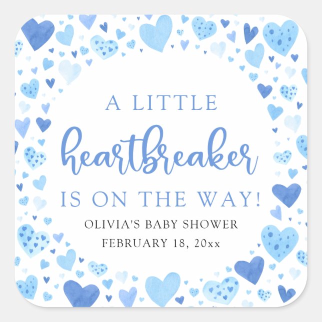 Pegatina Cuadrada Boy Little Heartbreaker Blue Valentine Baby Shower (Anverso)