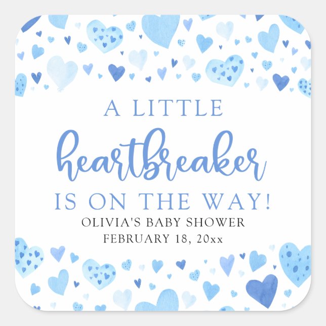 Pegatina Cuadrada Boy Little Heartbreaker Blue Valentine Baby Shower (Anverso)