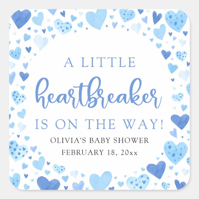 Pegatina Cuadrada Boy Little Heartbreaker Blue Valentine Baby Shower (Anverso)