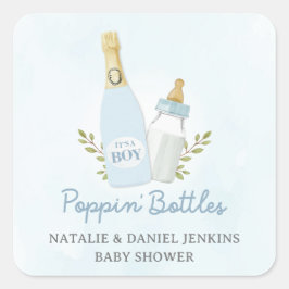Pegatina Cuadrada Boy Poppin Botellas Baby Shower Blue