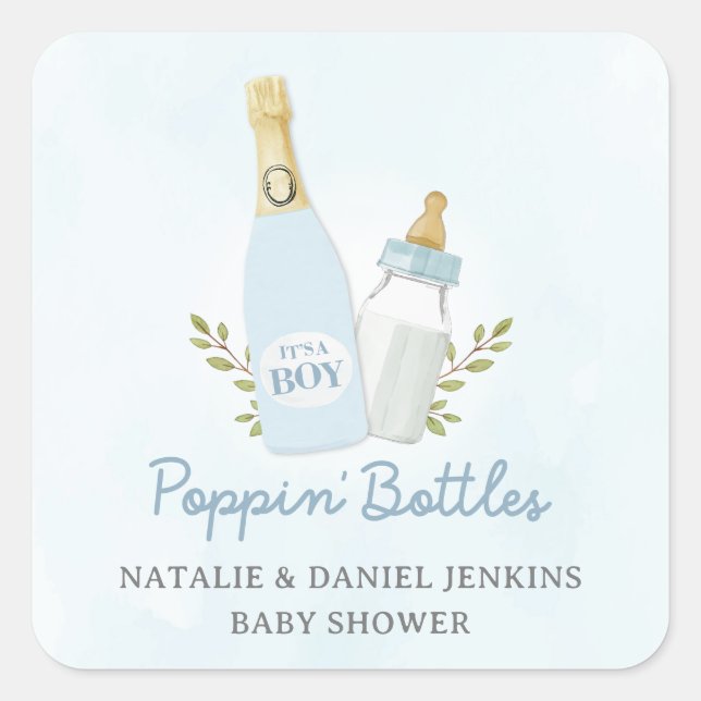 Pegatina Cuadrada Boy Poppin Botellas Baby Shower Blue (Anverso)