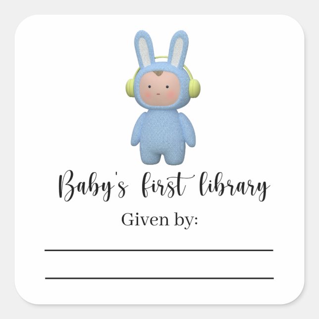 Pegatina Cuadrada Boy rabbit - Baby Shower bookplate, books for baby (Anverso)