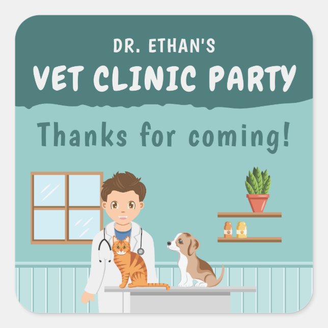 Pegatina Cuadrada Boy Veterinarian Pet Hospital Birthday Thank You (Anverso)