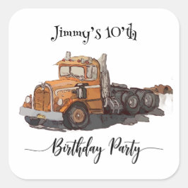 Pegatina Cuadrada Boys Birthday Party Orange Semi Truck