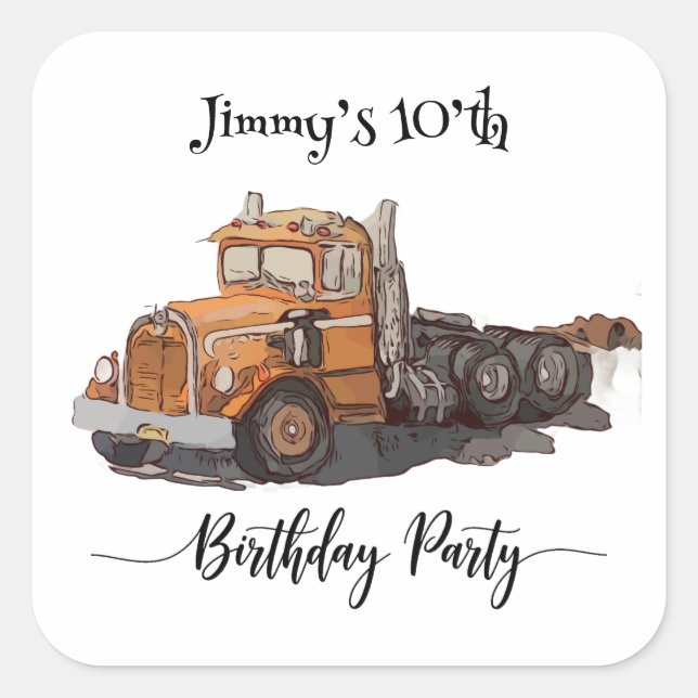Pegatina Cuadrada Boys Birthday Party Orange Semi Truck (Anverso)