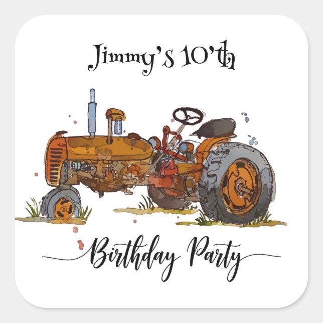Pegatina Cuadrada Boys birthday party with antique tractor design (Anverso)