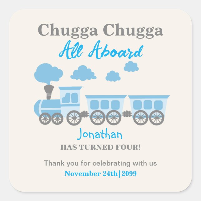 Pegatina Cuadrada Boys Blue Train Cualquier fiesta de cumpleaños de  (Anverso)