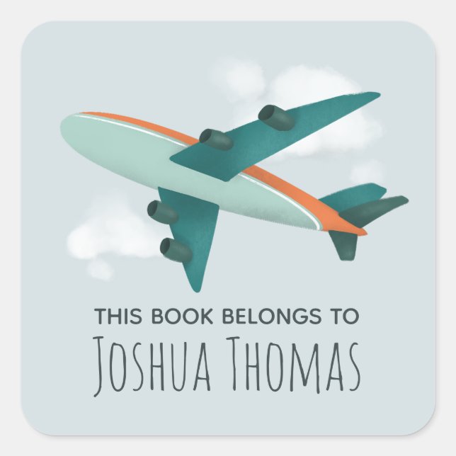Pegatina Cuadrada Boys Cute Airplane Viajes Niños Planta de libros e (Anverso)