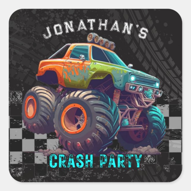 Pegatina Cuadrada Boys Monster Truck Rally Birthday Party (Anverso)