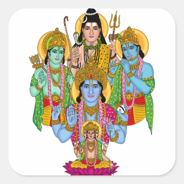 Pegatina Cuadrada Brahma Vishnu Shiva Ram Krishna Sticker (Anverso)